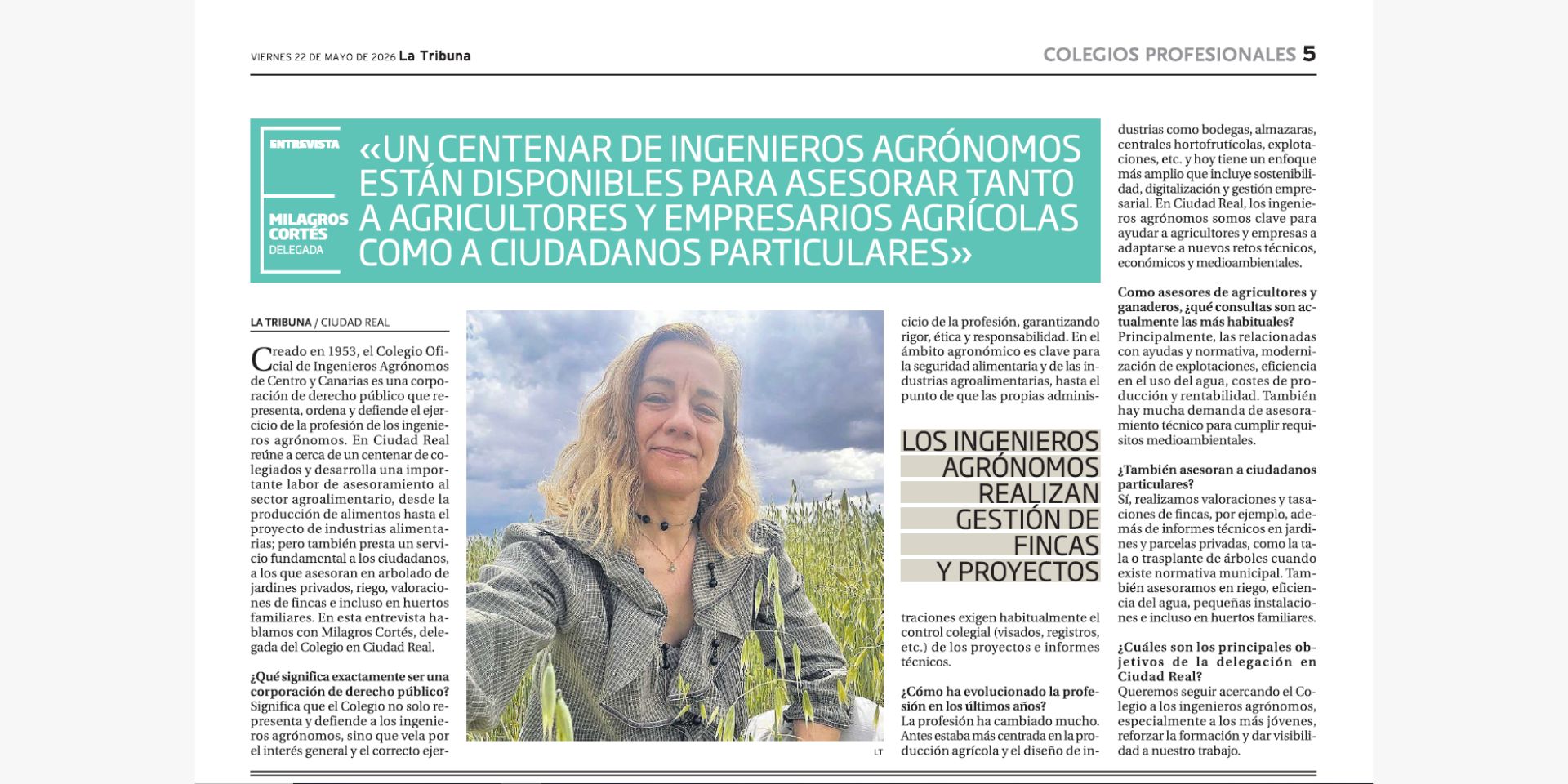 El Colegio destaca en La Tribuna de Ciudad Real su papel como corporación de derecho público y el valor de la ingeniería agronómica para la sociedad