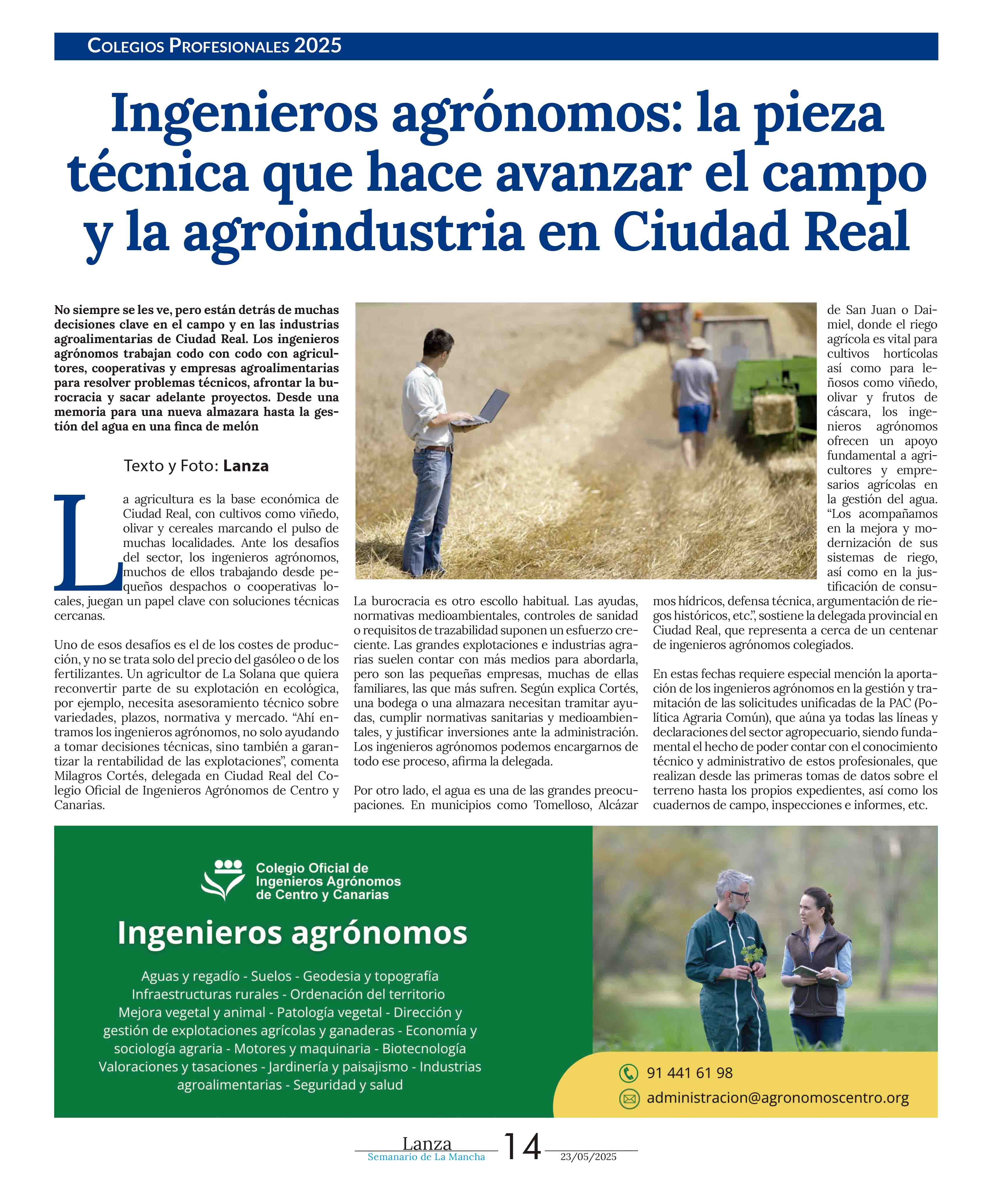 El Colegio de Ingenieros Agrónomos participa en el especial del diario Lanza sobre colegios profesionales